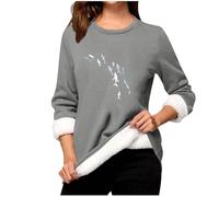 Ladies Tops Lamb Wool Winter Thermal Long Sleeve Floral Print T-Shirt Pullover Fleece Lined Sweater Light Activewear Clothes Womens Oversized Sweatshirts Women Jumper Crew Neck Sherpa Warm