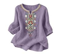 Ladies Tops - Linen Cotton Linen Shirt Half Sleeve Button Front Floaty Lagenlook Casual Indian Style Daily wear Party Beach wear Sky Blue Pink Blue Older Ladies Workwear smart Broderie Detail