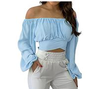 Ladies Tops Off Shoulder Lantern Sleeve Crop Tops Criss Cross HIgh Waist Tunic Shirts with Back Bow Tie Plain T Shirts Sexy Pullover Womens Spring Blouses Summer Tees Beach Party Clubwear