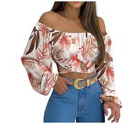 Ladies Tops Off Shoulder Lantern Sleeve Crop Tops Criss Cross HIgh Waist Tunic Shirts with Back Bow Tie Plain T Shirts Sexy Pullover Womens Spring Blouses Summer Tees Beach Party Clubwear