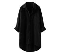 Ladies Tops Plain Longline Shirt Fashion Woman Causal V Neck Cotton Linen Blouse Long Sleeve T-Shirt Button Down Tops Oversize Loose Elegant Tee Shirt for Ladies UK Size Black