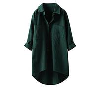 Ladies Tops Plain Longline Shirt Fashion Woman Causal V Neck Cotton Linen Blouse Long Sleeve T-Shirt Button Down Tops Oversize Loose Elegant Tee Shirt for Ladies UK Size Green