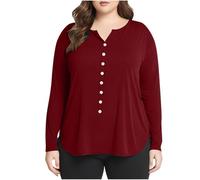 Ladies Tops Plus Size Button Up Tunic Blouses Cotton Baggy T Shirt Oversized V-Neck Henley Top Long Sleeve Tops Loose Casual Blouse Top Cotton Tees Lounge Wear Tops Wine