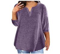 Ladies Tops Plus Size Cotton 3/4 Sleeve Blouse V Neck Plain T Shirt Loose Elegant Undershirt Womens Shirts Fall Winter Basic Clothing Lightweight Swearshirts Jumpers Casual Sweatshirts