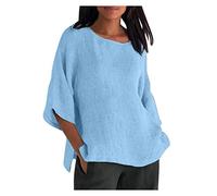 Ladies Tops Plus Size Cotton Linen Plain Shirt Half Sleeve Crewneck T Shirt Side Split Basic Tees Lightweight Casial Pullover Soft Undershirt Womens Blouses Beach Home Gym Casual Wear