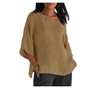 Ladies Tops Plus Size Cotton Linen Plain Shirt Half Sleeve Crewneck T Shirt Side Split Basic Tees Lightweight Casial Pullover Soft Undershirt Womens Blouses Beach Home Gym Casual Wear