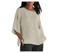 Ladies Tops Plus Size Cotton Linen Plain Shirt Half Sleeve Crewneck T Shirt Side Split Basic Tees Lightweight Casial Pullover Soft Undershirt Womens Blouses Beach Home Gym Casual Wear