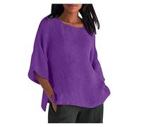 Ladies Tops Plus Size Cotton Linen Plain Shirt Half Sleeve Crewneck T Shirt Side Split Basic Tees Lightweight Casial Pullover Soft Undershirt Womens Blouses Beach Home Gym Casual Wear
