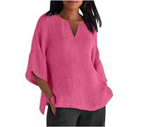 Ladies Tops Plus Size Cotton Linen Plain Shirt Half Sleeve Crewneck T Shirt Side Split Basic Tees Lightweight Casial Pullover Soft Undershirt Womens Blouses Beach Home Gym Casual Wear