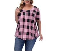 Ladies Tops Plus Size Short Sleeve Round Neck Blosues Plaid Pleated Tunic Blouses Oversized Tshirts Summer Tee Tops Loose Lightweight Holiday Swing T Shirt Fashion Going Out Wear