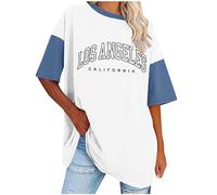 Ladies Tops Round Neck Oversized T Shirts for Women Drop Shoulder Y2k Short Sleeve Letter Printed T Shirts Casual Plus Size Summer Tunic Tops Fashion T-Shirts for Teen Girls UK Size S-5XL Clearance