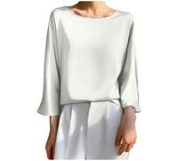 Ladies Tops Satin Silk 3/4 Sleeve Blouse Crewneck Plain T Shirt Glossy Smooth Basic Pullover Regular Fit Elegant Pullover Women's Shirts Fall Winter Undershirt Office Beach Casual Blouse