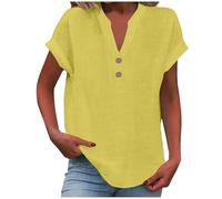 Ladies Tops Size 12 Uk Solid Color Cotton Linen Shirts Button Down Loose V Neck Tops Spring Summer Soft T-Shirt Casual Fashion Tees Comfortable Daily Short Sleeve Loungewear Lightweight Oversized Top