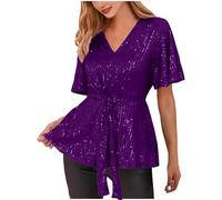 Ladies Tops Sparkly Tunic Tops for Women UK Party Wear Peplum Tops Blouse Short Sleeve V Neck Glitter Sparkly Shirts Blouse Wraped Going Out Shirt Evening Festive Christmas Purple XL