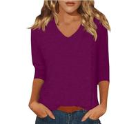 Ladies Tops Spring Fashion V Neck Going Out Shirt Blouse Plain Plus Size Loose Casual Basic Tunic Tops Trendy Printed Boho Three Quarter Sleeve T-Shirts Dark Purple M