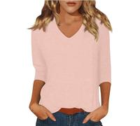 Ladies Tops Spring Fashion V Neck Going Out Shirt Blouse Plain Plus Size Loose Casual Basic Tunic Tops Trendy Printed Boho Three Quarter Sleeve T-Shirts Light Pink L