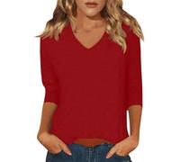 Ladies Tops Spring Fashion V Neck Going Out Shirt Blouse Plain Plus Size Loose Casual Basic Tunic Tops Trendy Printed Boho Three Quarter Sleeve T-Shirts Red 2XL