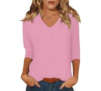 Ladies Tops Spring Fashion V Neck Going Out Shirt Blouse Plain Plus Size Loose Casual Basic Tunic Tops Trendy Printed Boho Three Quarter Sleeve T-Shirts Pink S