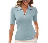 Ladies Tops Summer Collared Short Sleeve Tshirts Casual Dressy Work Tee Rib Knitted Zipped Blouse Basic Comfy Shirts Going Out Holiday Tunics Light Blue