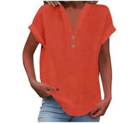 Ladies Tops Summer Linen Shirt Cap Sleeve Button up t Shirts Women Blouses v Neck Tunic Tops Baggy Solid Plain Casual Short Sleeved Shirts Going Out Blouse Yellow