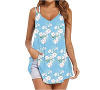 Ladies Tops Summer Vest Tops Casual V Neck Floral Print Tank Top Spaghetti Straps Vest Sleeveless T-Shirts Loose Fit Cami ongline Top Swing Hem Shit Comfy Soft Shirt All-Over Blouses Blue