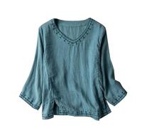 Ladies Tops UK Plus Size - Womens Cotton-Linen T-Shirt Vintage Boho Embroidered Tees Summer Three Quarter Sleeve Floral Shirts Oversized Casual Loose Peasant Blouses Lagenlook Tunic Top Blue