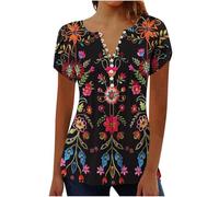 Ladies Tops V Neck Puff Short Sleeve T Shirt for Women Summer Tunic Top Womens Casual Pleated Floral Printed Blouses Tee Tank Womens Blouses Ruffle 3/4 Sleeve