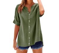 Ladies Tops Womens Cotton Linen Blouse Short Sleeve Summer V Neck Button Up Short Sleeve Ladies Shirts Tunic Tops Solid Work Casual Oversized Loose Tshirts Daily Plus Size 01 Army Green S