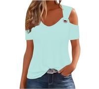 Ladies Tops Women's Summer Blouses Cold Shoulder Short Sleeve Tops Loose Casual Tunic T-Shirts for Women UK Clearance Elegant Office Work Blouse V Neck Eyelets Tee Shirt Solid Color Loose Top