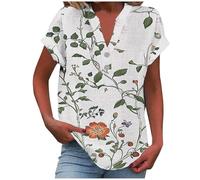 Ladies Tops Women's Summer Cotton Linen Cap Sleeve T-Shirt Button V Neck Tunic Tops Loose Casual Floral Printed Shirts Elegant Blouses Summer Tees Vacation Outfits Holiday Clothes