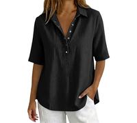 Ladies Tops Women's Summer Cotton Linen Shirts for Women UK - Boho Short Half Sleeve Oversized T-Shirt V Neck Tunic Fashion Baggy Solid Plain Casual Shirts Trendy Blouse for Daily Holiday Hikking