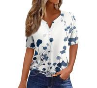 Ladies Tops,Womens Tunic Tops Women's T Shirt Print Button Short Sleeve Daily Weekend Fashion Basic V- Neck Regular Top Ladies Tops Womens Size 16 Black Top My Orders UK(Dark Blue,M)