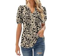 Ladies Tops Womens V Neck Tops Puff Short Sleeve T Shirt Pleated Floral Printed Tunic Blouse Shirts Fashionable and Atmospheric Blouses (White, XL)