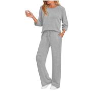 Ladies Tracksuit Sets Ribbed Lounge Wear Sets for Women Two Piece Outfit Knitted Co Ord Sets 3/4 Sleeve Tops Pullover and Drawstring Elastic Waist Pants Trousers with Pockets Ladies Pjs Homewear