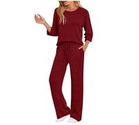 Ladies Tracksuit Sets Ribbed Lounge Wear Sets for Women Two Piece Outfit Knitted Co Ord Sets 3/4 Sleeve Tops Pullover and Drawstring Elastic Waist Pants Trousers with Pockets Ladies Pjs Homewear