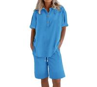 Ladies Tracksuit Sets Womens Cotton Linen Co Ord Sets Summer 2 Piece Airport Outfits Plus Size Short Sleeve Button Up Henley Tops and Wide Leg Bermuda Shorts Travel Leisure Loungewear Tracksuits