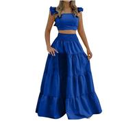 Ladies Tracksuit Womens Loungewear Sets Cord Sets Womens UK Travel Clothes Gym Outfits for Women Women's 2 Piece Lounge Fly Sleeve Square Neck Cropped Tops and Skirts Set Blue