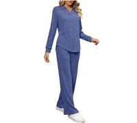 Ladies Tracksuits Lounge Wear Coord Modest Gym Clothes for Women Travel Outfits for Women UK Suits 2 Pieces Elegant Rib Knitted Long Sleeve Lapel Neck Tops and Trousers Pyjamas Set Blue
