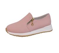 Ladies Trainers Lightweight, Womens Trainers Casual, Slip On Hand Free Sneakers with Slip-Resistant Soles Faux Leather Sneakers with Side Zip No Lace Wedge Sneaker Flat Jogging Fitness Trainer Pink