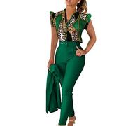 Ladies Trouser Suits 3 Pieces Outfits V Neck Sleeveless Gradient Button Tops Wide Leg Pant and Belt Suit Set Formal Blazer Suit Set for Work Office Wedding Party Business Special Occasions（No Jecket）