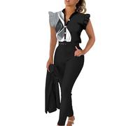 Ladies Trouser Suits 3 Pieces Outfits V Neck Sleeveless Gradient Button Tops Wide Leg Pant and Belt Suit Set Formal Blazer Suit Set for Work Office Wedding Party Business Special Occasions（No Jecket）