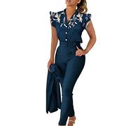 Ladies Trouser Suits 3 Pieces Outfits V Neck Sleeveless Gradient Button Tops Wide Leg Pant and Belt Suit Set Formal Blazer Suit Set for Work Office Wedding Party Business Special Occasions（No Jecket）
