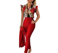 Ladies Trouser Suits 3 Pieces Outfits V Neck Sleeveless Gradient Button Tops Wide Leg Pant and Belt Suit Set Formal Blazer Suit Set for Work Office Wedding Party Business Special Occasions（No Jecket）