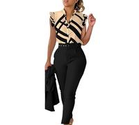 Ladies Trouser Suits 3 Pieces Outfits V Neck Sleeveless Gradient Button Tops Wide Leg Pant and Belt Suit Set Formal Blazer Suit Set for Work Office Wedding Party Business Special Occasions（No Jecket）