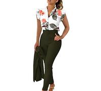Ladies Trouser Suits 3 Pieces Outfits V Neck Sleeveless Gradient Button Tops Wide Leg Pant And Belt Suit Set Formal Blazer Suit Set for Work Office Wedding Party Business Special Occasions（No Jecket）