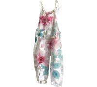 ladies trouser suits Dungarees Wide Leg Boho Print Jumpsuit Floral Loose Fit Playsuits Cotton Linen Summer Beach Sleeveless Rompers Bib Overalls Breathable Baggy Casual Holiday Trousers Leisure Wear