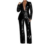 Ladies Trouser Suits for Special Occasions Sequins 2 Piece Outfit Long Blazer with Pants Elegant Thin Transition Jacket Casual Lightweight Slim Fit Club Carnival Wedding Party Coats Outfits Essential