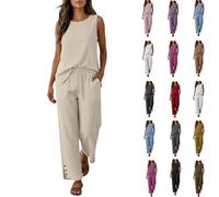 Ladies Trouser Suits for Wedding Guests Womens 2 Piece Outfits Summer Cotton Linen Co Ord Sets Sleeveless Tank Tops Wide Leg Trousers Loungwear Leisure Suits Holiday Airport Travel Everyday Wear