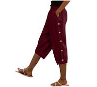 Ladies Trousers 3/4 Cotton Linen Capri Pants,Women Cropped Trousers Three Quarter Length Shorts Summer Capris Pants Elasticated Waist Bottoms with Pockets and Side Button Design S-XXL Wine