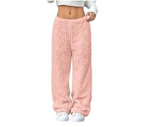 Ladies Trousers Jacquard Solid Elastic Waist Casual Pants Straight Leg Drawstring Jogging Bottoms Fleece Thickened Thermal Tracksuit Bottoms Autumn Winter Lounge Soft Joggers Pink